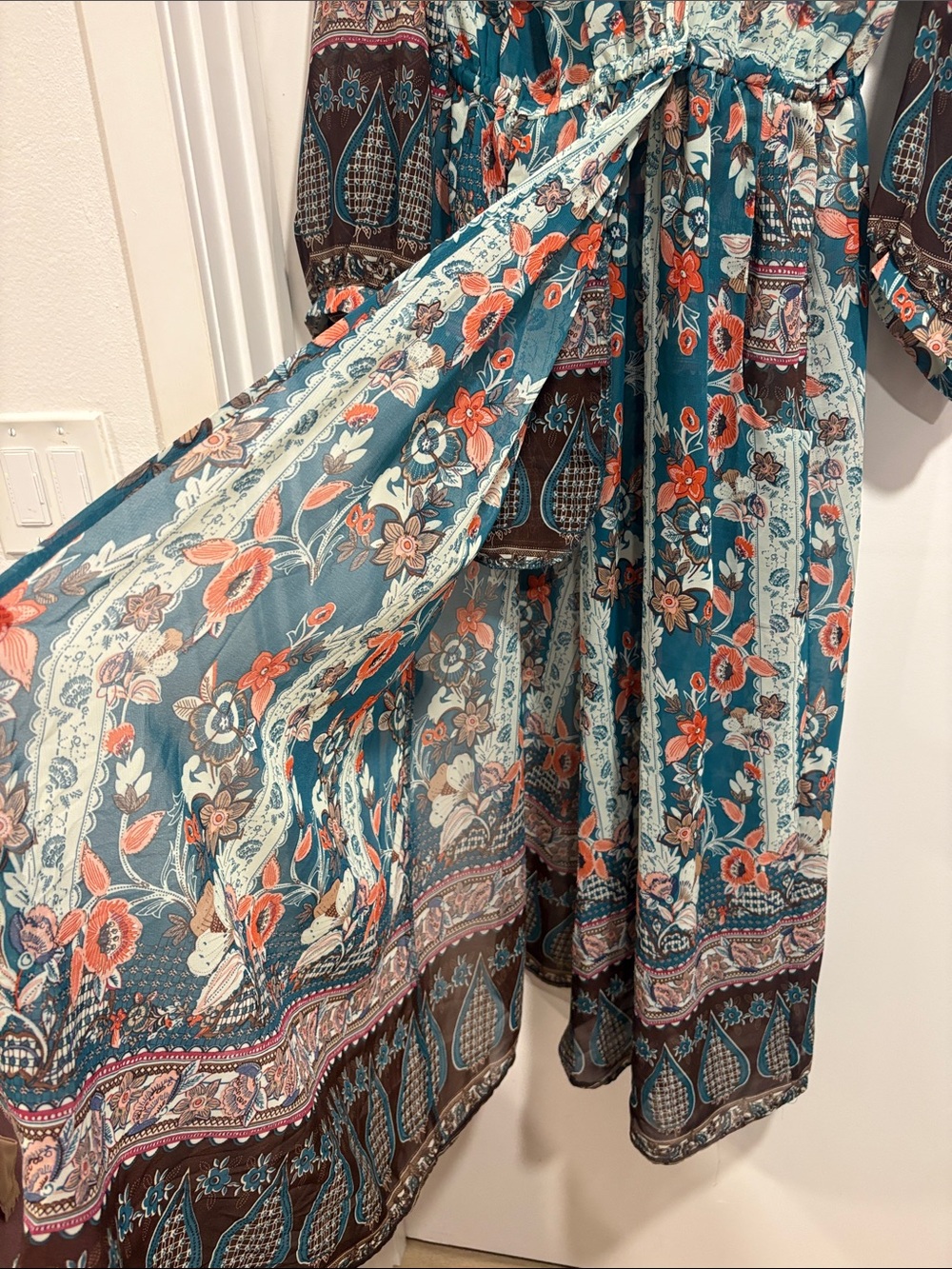 Umgee Teal Floral Boho Maxi Kimono Duster Size Medium - Picture 8 of 12